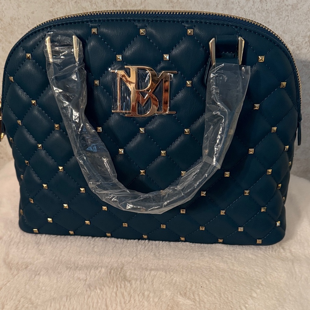 Badley Mischka Vegan Quilted Satchel in Tealish with Gold Accents NWT